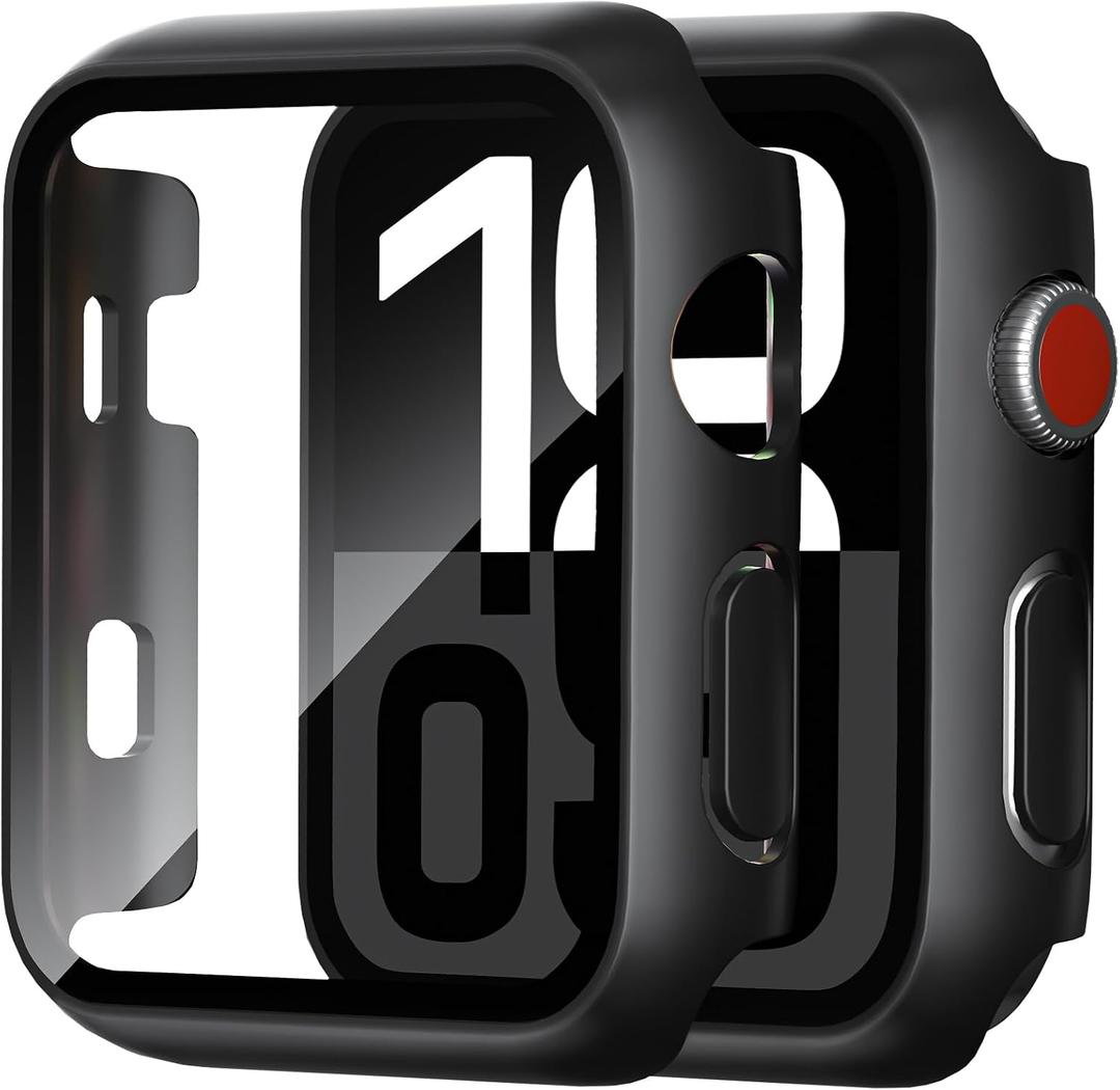 2 Pack Case for Apple Watch Screen Protector, Hard PC Case with Tempered Glass Protective Cover Guard Bumper, Slim Apple Watch Cover for iWatch Series 3 2 1 - Black/Black 42mm