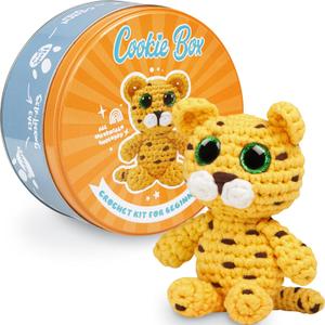 Cookie Box Original Crochet Kit for Beginners  Gift Set to Make Leopard Leo Amigurumi Plushie  Easy DIY Crochet & Knitting Starter Kit with Video and PDF Tutorials (Yellow)