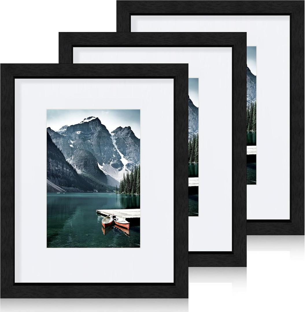 Hongkee 8x10 Black Picture Frames set of 3, Made of Wooden and Glass Photo frame - Displays Picture 5x7 with Mat or 8 x 10 without Mat, Desktop & Wall Collage Frame set