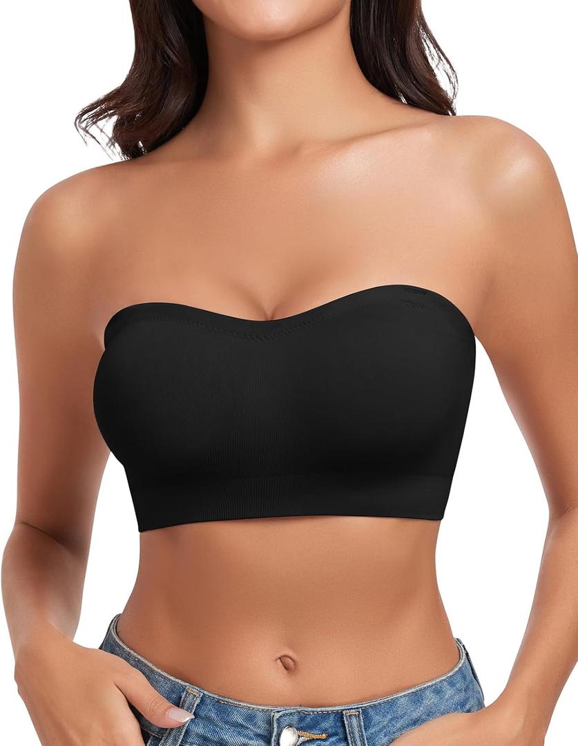 WOWENY Strapless Bras for Women Bandeau Bra Wireless Non-Slip Silicone Seamless Padded Tube Top Bra (Medium, Black)