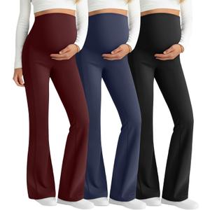 3 Pack Maternity Flared Leggings Over The Belly Yoga Bootcut Stretchy Pregnancy Pants Lounge Mama Soft Trousers (Small, Wine Red, Navy Blue, Black)