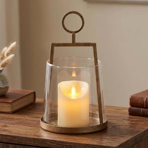 Modern Farmhouse Hurricane Candle Holder, Antique Brass Metal Centerpiece Sturdy Glass Sleeve, Tabletop Geometric Lantern for Pillar Candles, Plants & Home Decor (6" x 10") - Large