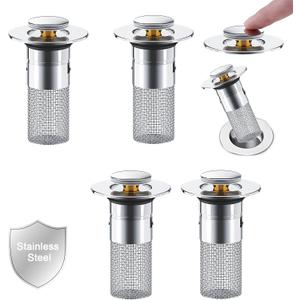 Sink Drain Strainer, 4 Pcs Pop Up Sink Stopper Bathroom with Removable Hair Catcher Basket, Kitchen Bathroom Drain Stopper Filter, Drain Hair Catcher for 1.1"-1.45" Basin Drain Holes