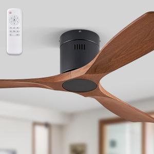 52" Ceiling Fans without Lights, Flush Mount Ceiling Fan with Remote Control Modern,Low Profile Ceiling Fans with 6-Speeds Reversible DC Motor for Patio Living Room Bedroom(Walnut)