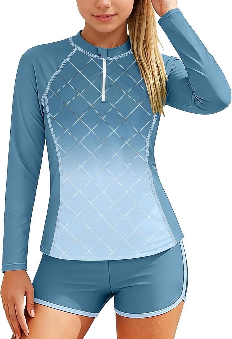 BAVADER Girls Rash Guard Swimsuit Long Sleeve Girls Swimsuits Size 10-12 Half-zip Girl Bathing Suits Size 10-12 Gradient Two Piece Swimsuits for Girl 10-12 UV Protection Swimwear with Shorts Dark Blue