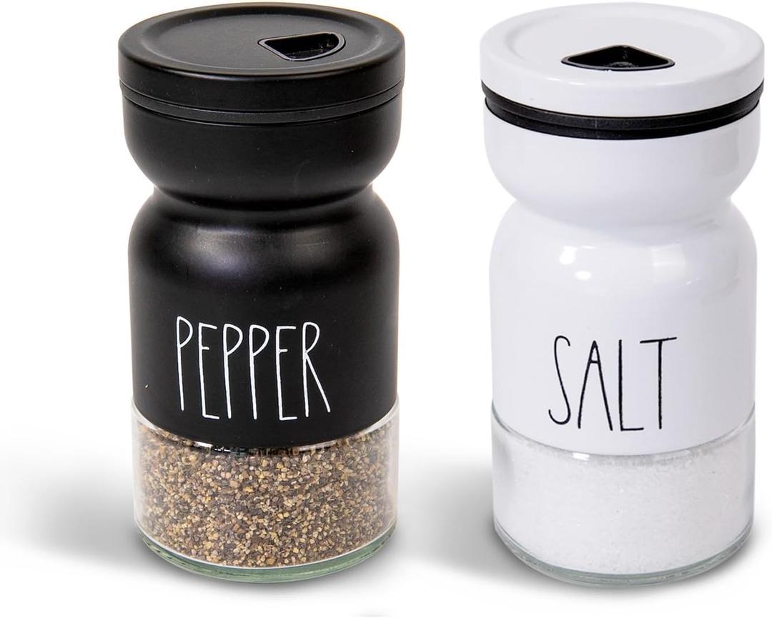 4oz Salt and Pepper Shaker Set with 4 Adjustable Pour Settings, Easy Refill Glass Shakers, Farmhouse Style for Kitchen, Dining Table, BBQ, RV & Camping