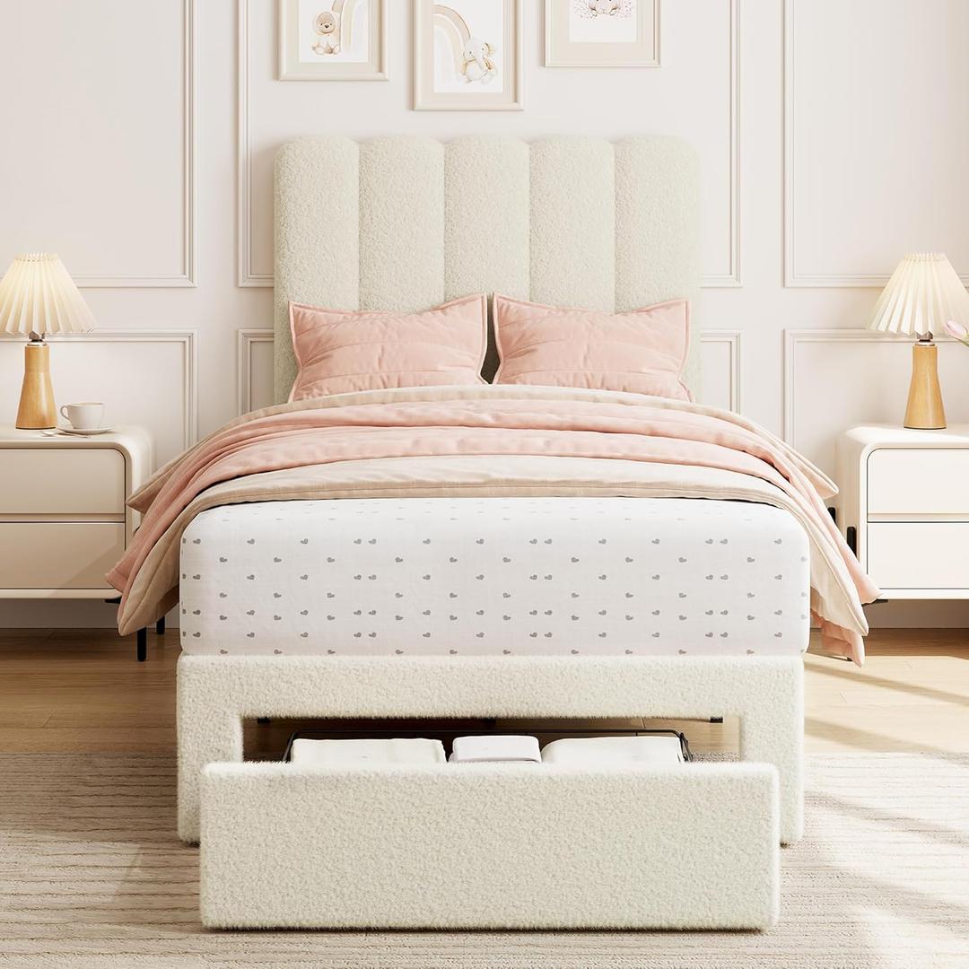 GarveeHome Twin Bed Frame with Under-Bed Drawer, Upholstered Platform Bed with Wave Headboard for Kids/Girls, Wooden Slats Support, No Box Spring Needed, Boucle Beige