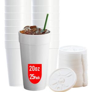 20 OZ Foam Cups With Lids for Hot & Cold Drinks, USA-Made 25-Pack. Ideal Styrofoam Coffee Cups, Insulating To-Go Cups for Soda, Tea, Juice - Sturdy, Disposable & comparable to Industry standard 20J20