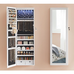 SONGMICS 6 LEDs Mirror Jewelry Cabinet, 47.2-Inch Tall Lockable Wall or Door Mounted Jewelry Armoire Organizer with Mirror, 2 Drawers, 3.9 x 14.6 x 47.2 Inches, White UJJC93W