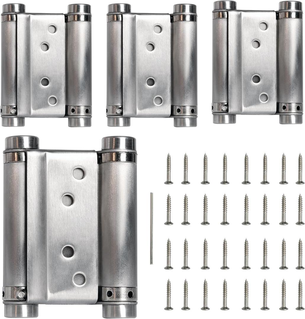4pcs 3in Double Action Spring Hinges, Self Closing Door Hinges for Cafe Saloon Pub Swinging Doors, 201 Stainless Steel, Including Pins and Screws (Silver)