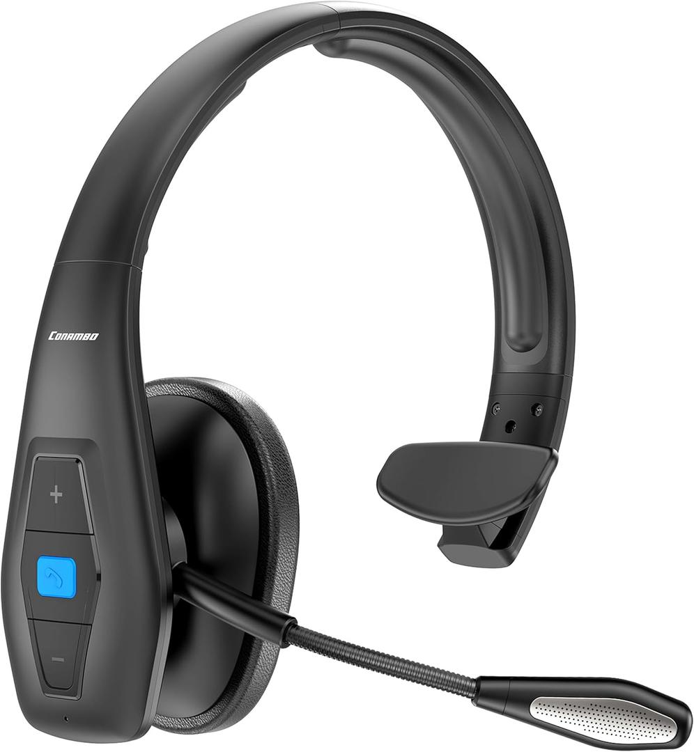 Conambo Bluetooth Headset V5.1, Trucker Bluetooth Headset with CVC8.0 Dual Mic Noise Canceling & Mute Button & 60 Hrs Workingtime Wireless On-Ear Headphones for Trucker Home Office Work Cell Phones