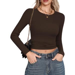 Laughido Women's Crew Neck Long Sleeve Basic T Shirts Slim Fit Casual Tops Ribbed Knit 2025 Clothes (X-Large, Brown)