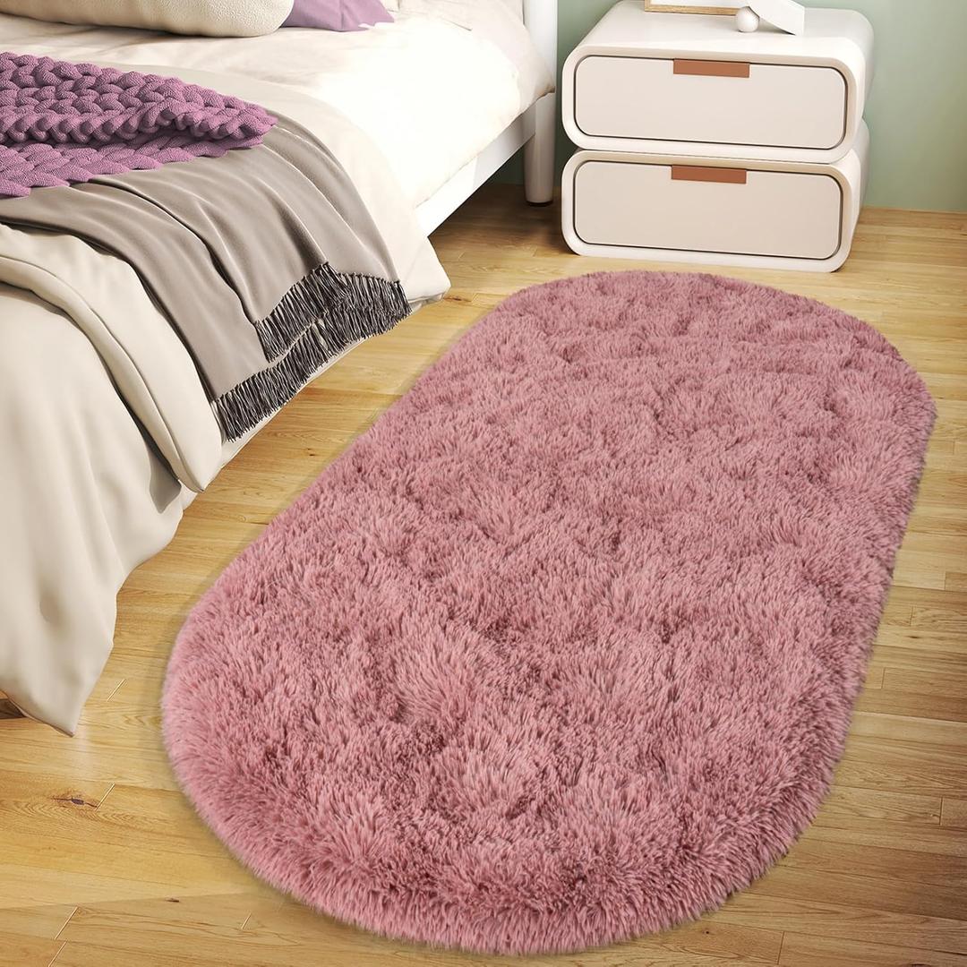 Soft Fluffy Area Rug for Bedroom, Blush Pink Fuzzy Shaggy Oval Throw Rugs for Bedside, Non-Slip Cozy Plush Shag Carpet for Girls Kids Room Nursery Dorm Living Room, 2.6 x 5.3 Feet