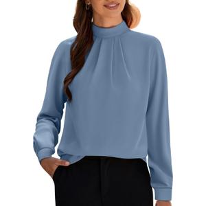 Funlingo Women's Long Sleeve Tops Dressy Casual Mock Neck Work Blouse Fall Trendy Front Pleated Tunic Chiffon Shirts (XXL)