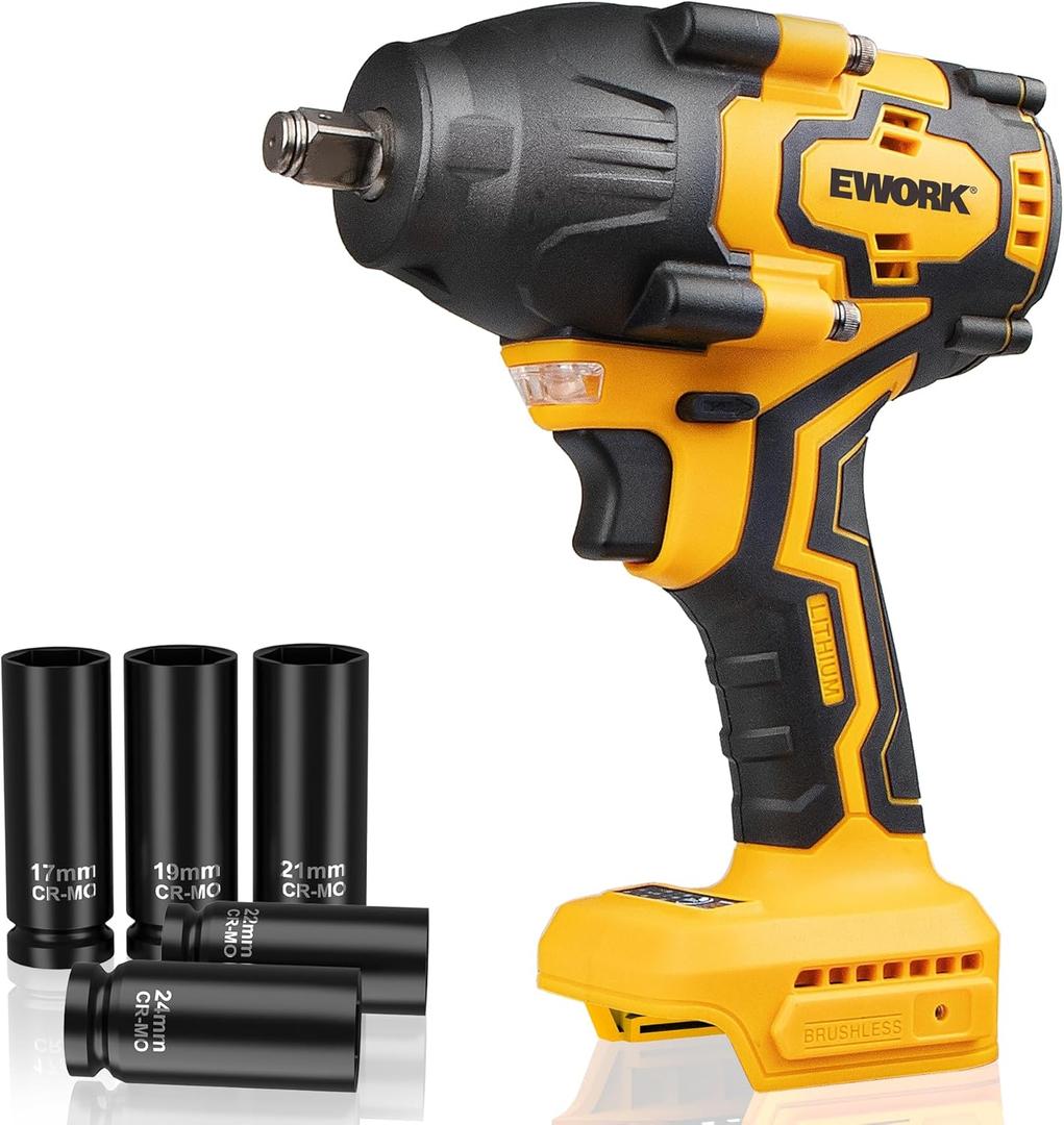 EWORK 21V 1/2" Cordless Impact Wrench 775 Ft-lbs, Brushless Compact High Torque Impact Gun High Torque, 3-Speed Modes with 5 Sockets (Tool Only)