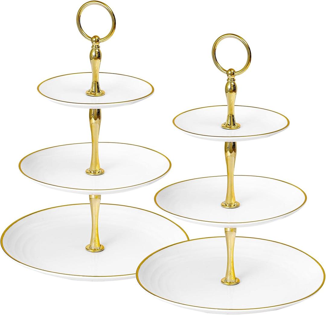 Soleebee 3-Tier Cupcake Stand, Round Plastic Tiered Serving Tray, Cupcake Tower for Birthday Wedding Party Decoration, Cupcake Tier Stand Fruits Desserts Display 2 Pack (White Gold)