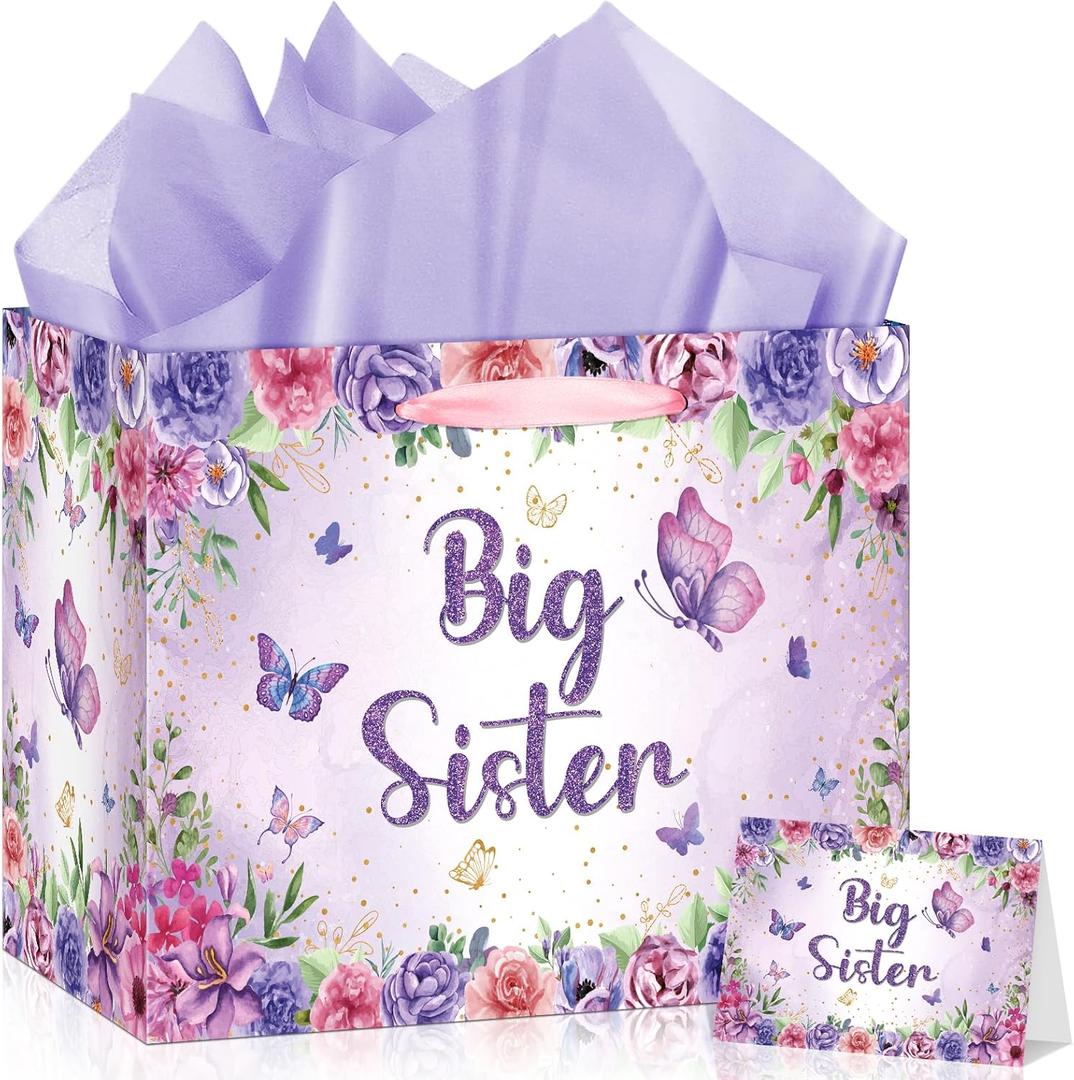 Big Sister Gift Bag for Girls, Butterfly Big Sister Gift Bag with Tissue Paper and Greeting Card Purple Flower Butterfly Wrapping Paper Bags New Sister Party Decor for Little Girl Birthday Party Supplies