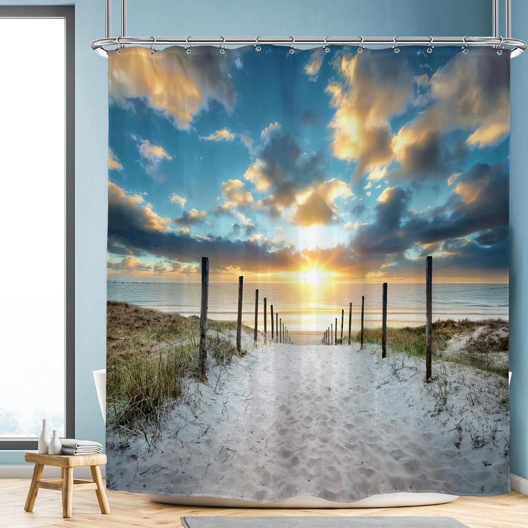 Riyidecor Ocean Beach Shower Curtain 72Wx72H Inch Beachy Coatsal Seaside Seashore Summer Tropical Sunset Nature Landscape Bathroom Decor Fabric Polyester Waterproof 12 Pack Hooks