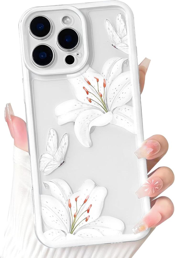 NITITOP Compatible with iPhone 16 Pro Case Cute Durable Lily Flower Floral Butterfly Pattern for Women Girls Color Frame Slim Shockproof Protective Phone Cover - White