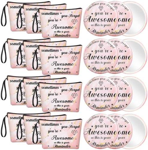 Xuniea 16 Pcs Employee Appreciation Gifts for Women 11 Motivation Canvas Makeup Bags 5 Pocket Mirror Inspirational Thank You Gifts for Galentines Nurse Teacher Social Worker Team(Awesome)