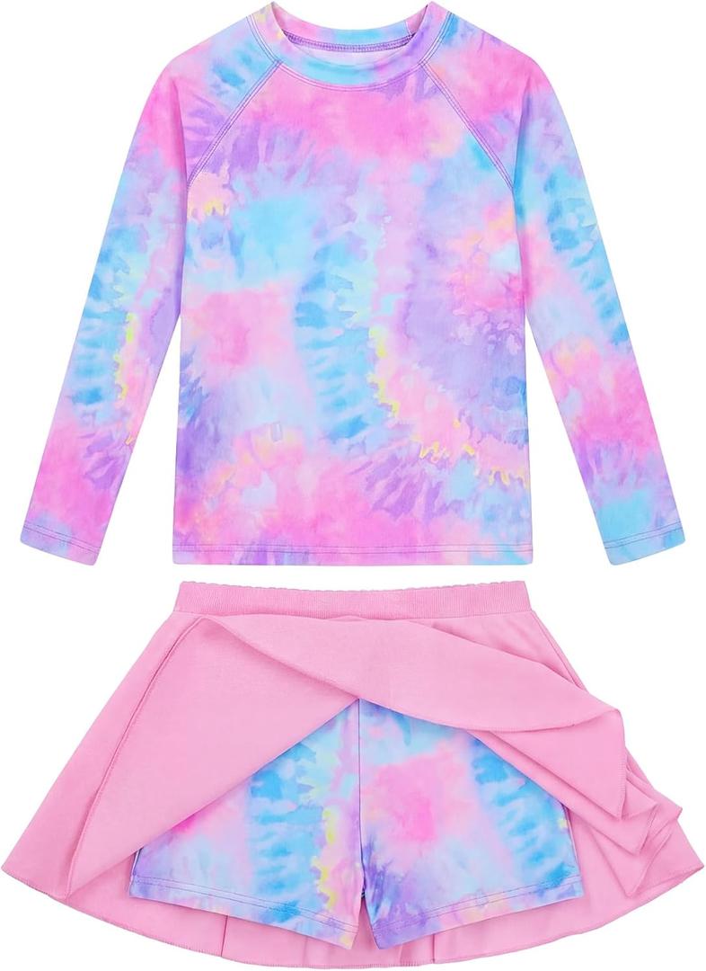 Snowheart Girls Rash Guard Swimsuit Set Long Sleeve Bathing Suit Two Piece 3-12 Years (Pink, S)