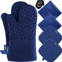 KEGOUU Oven Mitts and Pot Holders 6pcs Set, Kitchen Oven Glove High Heat Resistant 500 Degree Extra Long Oven Mitts and Potholder with Non-Slip Silicone Surface for Cooking(Marine Blue)