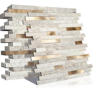 KASARO 10-Sheet Peel and Stick Marble Tiles for Kitchen, Marble Beige with Vintage Golden Embellished Stripes, Self-Adhesive Aluminum Wall Backsplash Stick on Bathroom, Fireplace, RV