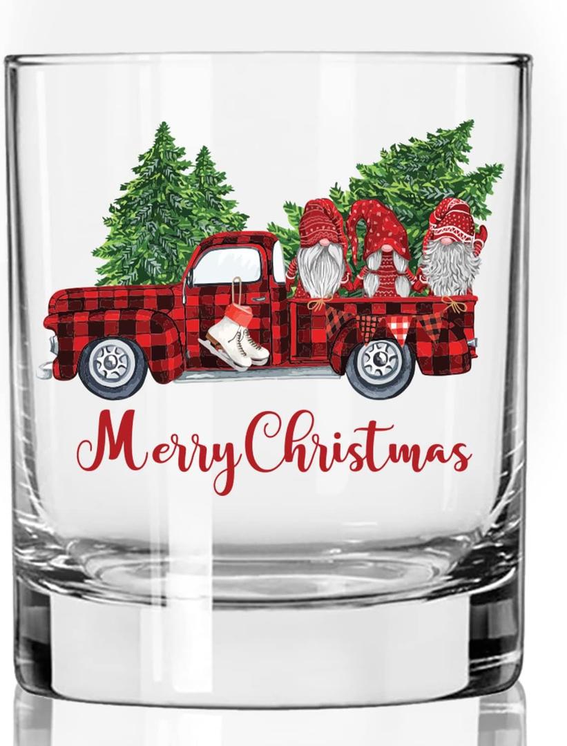 Toasted Tales Christmas Gnome Truck Christmas Glass | 11 oz Bourbon Whiskey Rock Glass | Novelty Christmas Whiskey Lowball Glasses | Christmas Home Dcor Accessory | Holiday Dcor