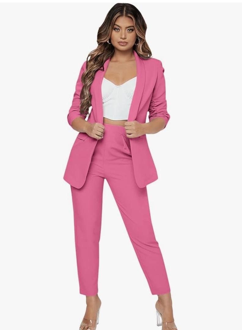 SweatyRocks Women's 2 Piece Solid Ruched Sleeve Blazer and Pants Business Office Suit Set L