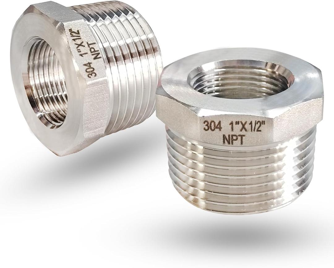 1" Male to 1/2" NPT Female Hex Bushing Reducer, 304 Stainless Steel NPT Reducing Adapter Pipe Fitting, Heavy Duty Pipe Hex Bushing for Reducing Pipe (1” MNPT x 1/2” FNPT)
