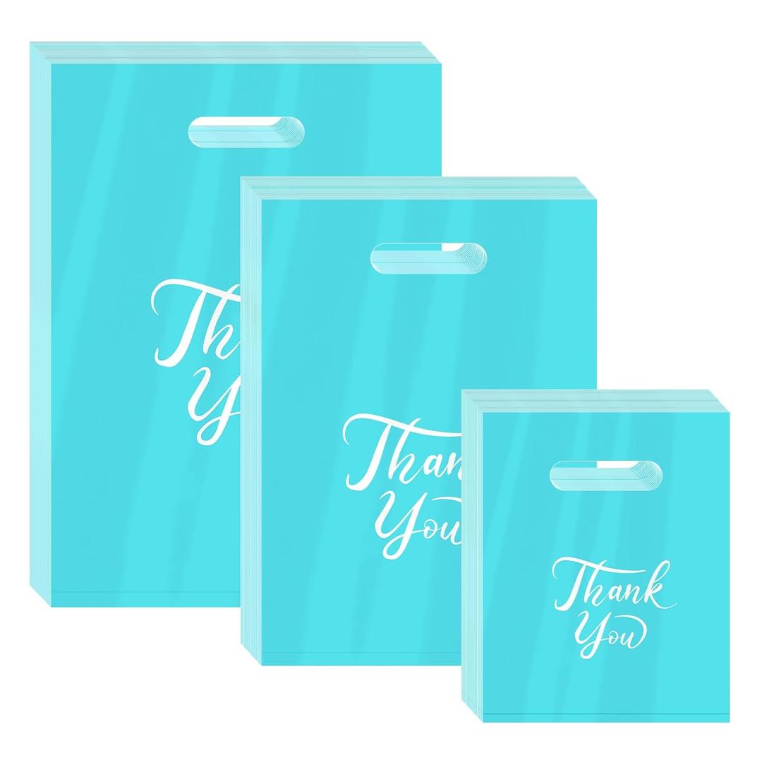 MJOGGOTT 300 Pcs Thank You Merchandise Bags, 3 Size Shopping Bags for Business Small with Handles, Plastic Gifts Retail Bag, Bulk Merchandise Bag for Wedding Party Stores Packaging Wholesale Goodie (Blue-2)