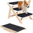 Dog Stairs/Ramp for Bed, Wooden 2-in-1 Foldable Pet Stairs & Ramp, Portable Dog Ladder Up to 180 Pound for Elderly/Short-Legged Dogs, 3 Steps for Beds, Couch, Cars