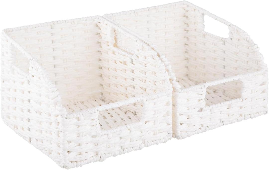 OIAHOMY Pantry Baskets for Organizing, Paper Rope Baskets with Built-in Handles, Wicker Storage Bints for Shelves, 2 Pack-White