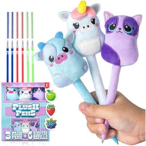 BUNMO Plush Cute Pens 3-Pack Squishy Animal Pens w/Scented Glitter Ink Refills Cat, Cow, Unicorn Fun Writing, Doodling & Journaling for Kids & Teens