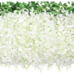 60 Branches Wisteria Hanging Flowers, 4Pcs Wisteria Artificial Flowers Garland, Artificial Wisteria Vine Silk Hanging Flower for Home Garden Outdoor Ceremony Wedding Arch Floral Decor (White)
