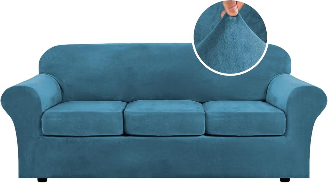 H.VERSAILTEX Modern Velvet Plush 4 Piece High Stretch Sofa Slipcover Sofa Cover Furniture Protector Form Fit Luxury Thick Velvet Sofa Cover for 3 Cushion Couch Width Up to 90 Inch (Sofa,Peacock Blue)