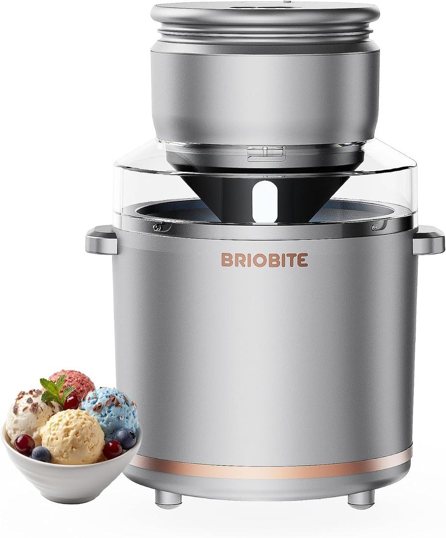 BRIOBITE 1.1 Quart Ice Cream Maker Electric Ice Cream Machine for Gelato, Milkshakes & Sorbet,Perfect for 2-3 Servings, Easy to Use & Clean,Silver