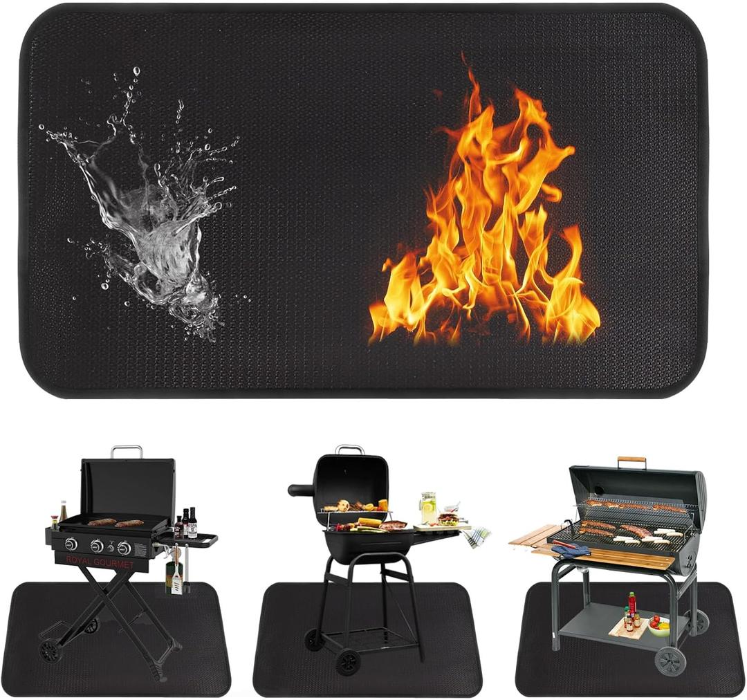 Klmnop 24 x 43 inch Under Grill Mat for Outdoor Grill, Double-Sided Fireproof Oilproof and Waterproof Protective Mat for Outdoor BBQ Decks and Lawn(Black)