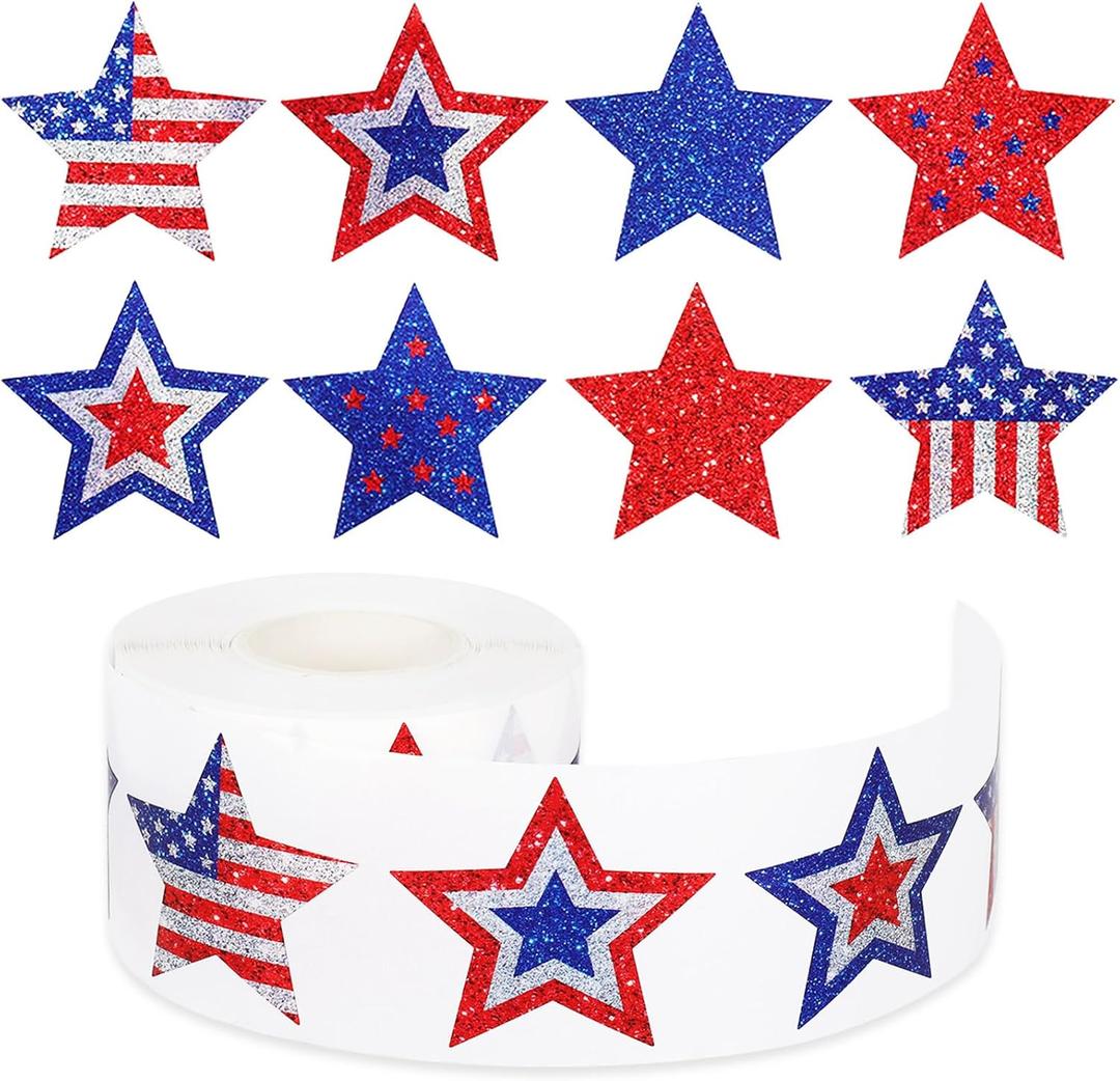 2 x AnyDesign 600Pcs Patriotic Star Stickers Roll Blue Red Silver Stars Labels American Flag Self-Adhesive Independence Day Stickers for 4th of July Memorial Day Water Bottle Luggage Decor, 8 Design