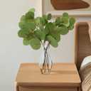 Artificial Eucalyptus Stems in Glass Vase with Realistic Faux Water - 5-Pack Real Touch Faux Greenery Stems, Dual-Sided Lifelike Leaves for Wedding Centerpieces, Home & Office Decor (Gray Glass)