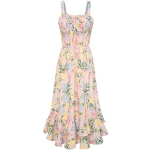 GRACE KARIN Women's 2026 Summer Floral Boho Dress Square Neck Strapped Swing A Line Sundress Beach Long Maxi Outfits, L