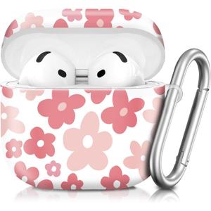 Compatible with AirPod 4th Generation 2024 Case, Shockproof Anti-Drop Protective Cover, Cute Case for Women Men with Keychain(Cute Pink Flower)