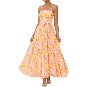 ZESICA Women's Summer Floral Maxi Dresses 2026 Sleeveless Spaghetti Straps A Line Flowy Wedding Guest Sundress with Belt (Medium)