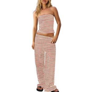 Panadila Womens Striped Two Piece Sets Summer Lounge Outfits Sailor Tube Top and Pants Matching Set Beach Vacation Travel Y2k, large, Color: Red Combo