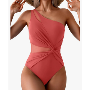 One Shoulder One Piece Swimsuit for Women Mesh Tummy Control Bathing Suit Twist Swimwear Size Medium