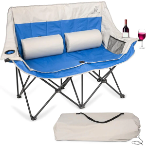 Double Camping Chair – Foldable Chair with Lumbar Support Cushions and Carry Bag – Padded Portable Heavy-Duty Loveseat with 4 Mesh Pockets, 2 Cup Holders, Wine Glass Holder