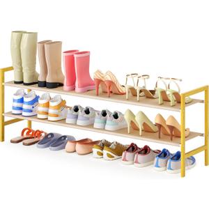 Long Shoe Rack for Closet Floor,2 Tier Wide Shoes Shelf Organizer,15-18 Pairs Bamboo Low Closet Shoe Stand Holders,Modern Sturdy Shoe Storage Rack for Entryway,49 x 11 x 17