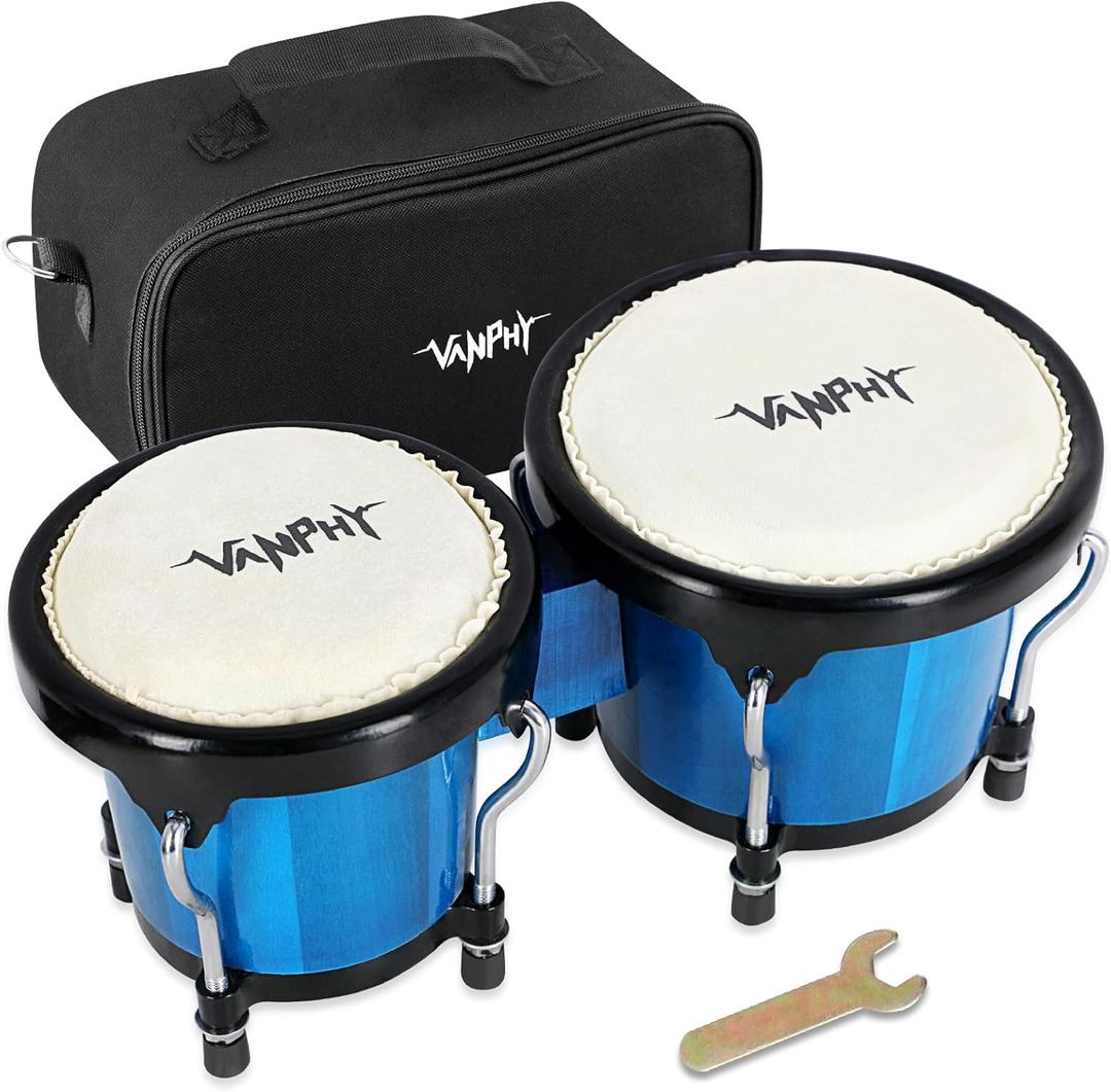 Wood Bongos Drum Set for Beginners Natural Adult Bongo with Tuning Wrench Bongo Drums 4" and 5" Tunable Percussion bongo drum Natural Animal Hides Metal (Blue)