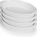 LEETOYI Porcelain Small Oval Au Gratin Pans, Set of 4 Baking Dish Set for 1 or 2 person servings, Bakeware with Double Handle for Kitchen and Home, White