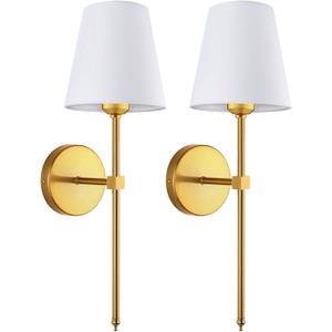 Wall Sconces Sets of 2, Retro Industrial Wall Lamps, Vanity Sconces Wall Lighting with White Fabric Shades, Wall Lights Suitable for Bathroom Bedroom Living Room Kitchen Gold